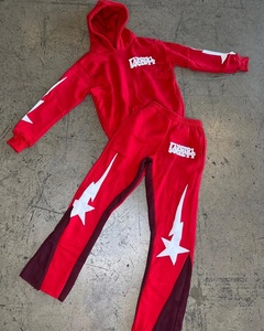 100% Cotton Men's Hip Hop <b>Red</b> and Black Puff Printing Clothing Set Hooded Tops <b>Hoodies</b> Men Flare Pants Two Piece Set - Product Image 4