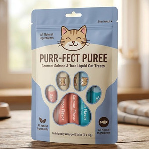 Sachets d'emballage Mylar résistants à la perforation, à trois soudures latérales, pour échantillons de friandises pour chats, impression numérique personnalisée, en mylar épais - Product Image 1
