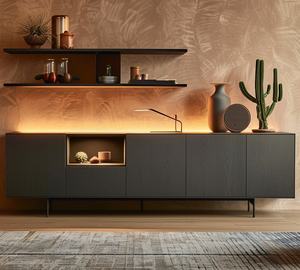 Modern <b>Black</b> Sideboard Credenza <b>Cabinet</b> with Open Display Niche, Long <b>Storage</b> Console on Metal Legs for Living Room - Product Image 4