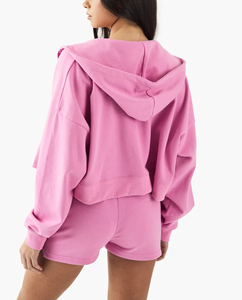 Custom 2-Piece Set Women's Loose Fit Crop Hoodie & Shorts Zipper Loungewear Embroidery Lace Patches Decor Comfortable Tracksuit - Product Image 5