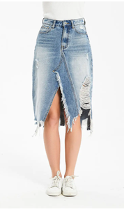 กระโปรงผ้ายีนส์มีซิปสำหรับผู้หญิงกระโปรงสะโพกแบบมีรูสำหรับซักใหม่จากโรงงาน - Product Image 2