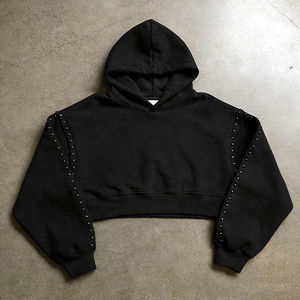 เสื้อฮู้ดดี้แบบสั่งทำ OEM คุณภาพสูง สไตล์สตรีทแวร์ ผ้าฝ้าย 100% ดีไซน์หมุดตกแต่ง ทรงโอเวอร์ไซส์ ทรงบ็อกซี่  แบบครอป  สำหรับผู้ชาย - Product Image 4