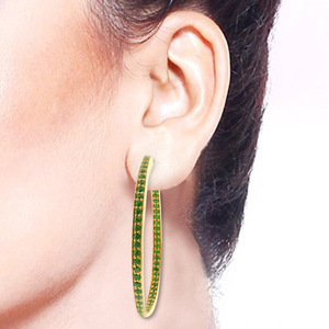Solid 925 <b>Silver</b> Earrings Natural Chrome Diopside Gemstone Handmade Hoop Earrings Yellow Plated Jewelry 30 MM - Product Image 4