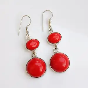 Anting-anting karang merah 92.5 anting-anting kawat telinga Juntai karang merah buatan tangan lapis perak untuk hadiah wanita untuk wanita