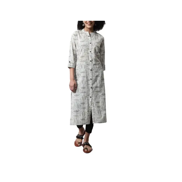 新着手作りフローラルプリントロングストレートクルタ女性用カラーネックロングクルティ夏用インドエスニックウェアドレス