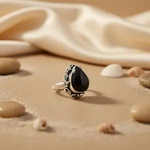 "Fine Rhodium-Plated 925 <b>Silver</b> <b>Ring</b> <b>with</b> 10mm <b>Black</b> Onyx <b>Stone</b> for Women" - Product Image 1