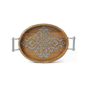 Bandeja rústica de madera de teca y metal para servir alimentos, perfecta para exhibición de postres de mesa de hotel en casa y artículos de servidor elegantes - Product Image 2