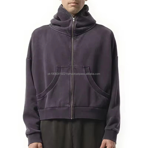 Sudadera con capucha lavada con ácido para hombre al por mayor Sudadera con capucha recortada lisa con cremallera vintage y logotipos bordados personalizados - Product Image 1