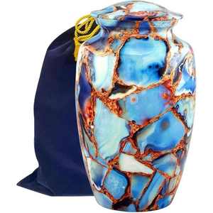 Urna Funeraria Estilo Mármol Azul con Patrón de Vetas Doradas y Bolsa de Terciopelo para Cenizas de Adultos - Product Image 1