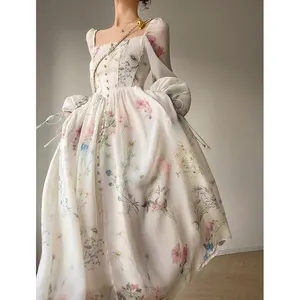 2024 Women New Fashion French Dress Fishbone Slim Print First Love Fairy Dress bohemian Long princess Dress