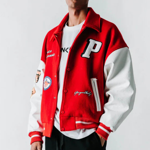 Chaqueta universitaria EM personalizada para hombre, chaqueta universitaria Letterman, Mangas de cuero de lana roja, parches de chenilla de alta calidad, chaquetas para hombre - Product Image 1