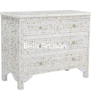 Cómoda con Incrustaciones de Hueso Gris, Diseño Artesanal de Enredaderas, Cómoda con Incrustaciones de Hueso Gris, Cómoda Gris Estilo Boho con Motivos Florales - Product Image 1