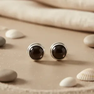 Boucles d'oreilles clous Art Palace minimalistes en argent 925 et onyx, serties clos, forme boule, style vintage, unisexe, pour usage quotidien, cadeau - Product Image 1