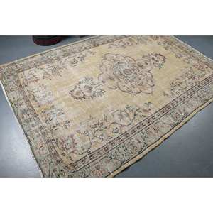 Vintage Beige tapis turc 5ft 9in X 8ft 6in classique grande surface laine fourrure abstrait Patchwork couloir Rectangle Latex pour - Product Image 2