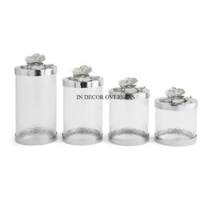 ชุด3ชิ้นเนื้อชุบทองออกแบบเป็นเอกลักษณ์ฐานของนักออกแบบสำหรับกระป๋องกระจกใสที่มีฝาปิดด้านบนหินอ่อนสีขาวจากอินเดีย - Product Image 2