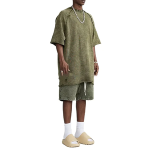 T-shirts en maille lourde lavés, ensemble de survêtement 2 pièces, coupe régulière, 100% coton, logo personnalisé pour hommes - Product Image 4