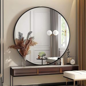 Espejo de Pared Redondo Negro Moderno de 80 cm con Marco de Latón y Aluminio, Diseño Simple para Decoración de Baño y Hogar, por Smartspace - Product Image 1