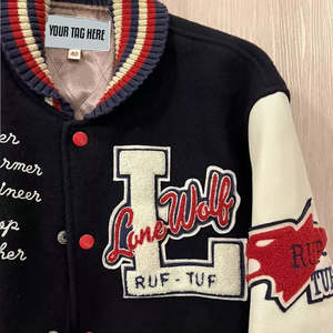 Chaqueta Universitaria Negra para Hombre con Mangas Blancas, Letras Bordadas y Parches de Animales, Estilo Urbano con Botones para Otoño - Product Image 2