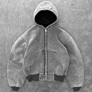 Qualité personnalisée Vintage surdimensionné en détresse sweat cordon acide lavé à capuche à capuche fermeture éclair Denim soleil délavé veste à capuche - Product Image 2