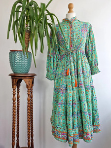 Midi Green Floral Silk Cotton Blend Dress Elegant and Comfy Bohemian Style for Summer Wedding High <b>Tea</b> or Daywear - Product Image 2