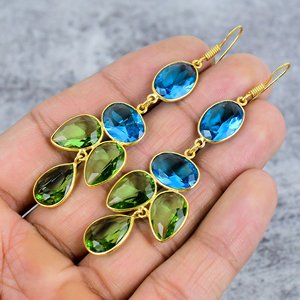 Blue Topaz <b>Peridot</b> Oval Pear Shape Gemstone Dangle Drop <b>Earrings</b> 925 Sterling Silver <b>Gold</b> Plating Handmade Statement Gifts - Product Image 3