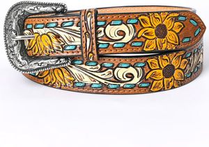 Nuevo Western Stylish Real Genuine Hand Tooled Leather Floral Design Belts Cinturón de cintura unisex de cuero hecho a mano de alta calidad - Product Image 5