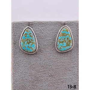 Southwest Handmade #8 Turquoise & Sterling Silver <b>Post</b> Stud <b>Earrings</b> Water Drop Shape with Bezel Setting for Gift - Product Image 2