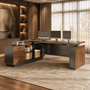 Escritorio Ejecutivo en Forma de L con Altura Ajustable y Almacenamiento de Archivos de Madera de Ingeniería-DESK2-0035 - Product Image 1