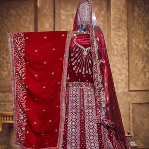 Modern Elegant Maroon <b>Red</b> Velvet <b>Lehenga</b> Full Jarkan Handwork 3M Flair Choli 1.2M Heavy Embroidered Dupatta for Winter Parties - Product Image 1