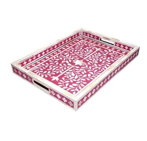 Bandeja de servicio decorativa Floral con incrustaciones de hueso de diseño de lujo para mesa de centro, bandeja de servicio de encimera del fabricante indio SCI - Product Image 2