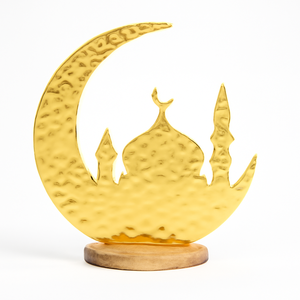 Glossy Gold Crescent Moon Mosque <b>Table</b> Decor <b>for</b> Eid Ramadan Muslim Festival Home Ornament Islamic Art Piece with Wood Base - Product Image 2