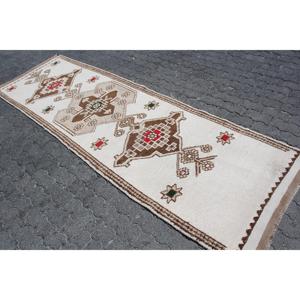 Vintage Turkish <b>Runner</b> <b>Rug</b> 3.2x10.4 ft, White Brown Floral Wool <b>Rug</b> - Product Image 2