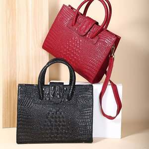 Sac fourre-tout élégant en cuir véritable noir uni à texture crocodile pour femme, avec fermeture éclair, idéal pour la plage et l'usage quotidien, toutes saisons - Product Image 3