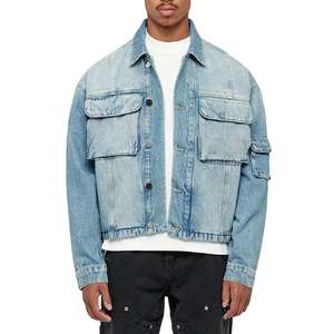 Veste streetwear à capuche en toile pour homme, personnalisable, décontractée, classique, bleu délavé, cargo, coupe ample, respirante, séchage rapide - Product Image 1