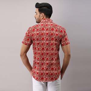 Men's Casual Red Cotton Floral Printed <b>Shirt</b> Woven Poplin Fabric Breathable XL Size Digital Printing Single Piece Package - Product Image 5