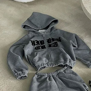 Acid Washed Printing Tracksuit For Unisex Flared Style Custom Clothes Screen Printing Distressed 400GSM Sweat Suit - Product Image 5