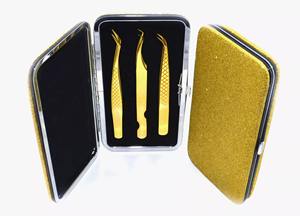 Juego de 3 piezas de pinzas de extensión de pestañas doradas, pinzas rectas y curvadas con caja magnética, ventilador, pastilla de aislamiento, pinzas de puntos finos - Product Image 2