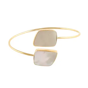 Attractive Look Double Stone Natural Mother Of Pearl Adjustable Bracelet Ravishing Gold Plated Open Cuff Bracelet Fine Jewelry