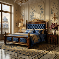 Lit à baldaquin classique européen sur mesure, cadre en bois foncé, tête de lit en velours bleu, pour villa de luxe, suite d'hôtel