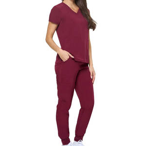 Uniforme Médico para Mujer, Manga Corta, Color Granate, Cuello Alto Simulado, Estilo Cruzado, Algodón Twill Elástico, Cuello en V, Pantalones Jogger - Product Image 4