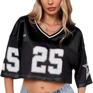 Tops cortos boxy personalizados para mujer, camiseta de fútbol americano Retro de malla de poliéster transpirable de talla grande, manga corta, precio de fábrica - Product Image 1