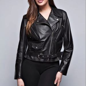 Haute qualité femmes noir en peau de mouton moto Bomber veste Slim Fit fermeture éclair décoration solide plaine teint en cuir manteau coton - Product Image 1