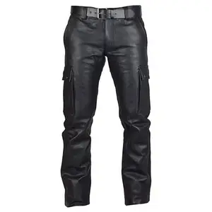Erkek gerçek siyah deri pantolon kargo 6 cepler pantolon bisikletçileri kot deri pantolon Premium kalite pantolon