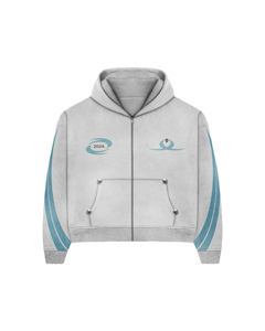Unisex Gray Tracksuit Set Full Zip Hoodie Blue Stripes Heat-Transfer Printing Breathable Eco-friendly 100% Cotton Casual Wear - Product Image 2