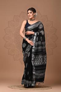 Thanh Lịch Linen Cotton <span class=keywords><strong>Saree</strong></span> Với Batik In Dệt Bạc Biên Giới Và Pallu Chất Lượng Phong Phú Ấn Độ & Pakistan Quần Áo - Product Image 2