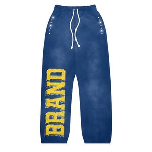 Pantalones de chándal de algodón pesado, pantalones de chándal de felpa francesa, pantalones de chándal de pierna recta lavados Vintage personalizados para hombre con diamantes de imitación - Product Image 5