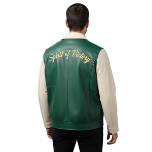 Veste streetwear unisexe en cuir de vache d'hiver, vert et blanc, bomber de baseball, broderie personnalisée, logo sur le devant, toile enduite - Product Image 5