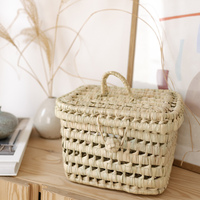 Panier de pique-nique carré pliable jaune fait main, mini-lampe sur pied, sac de rangement en paille non tissée, double usage, style antique 16x22x12cm