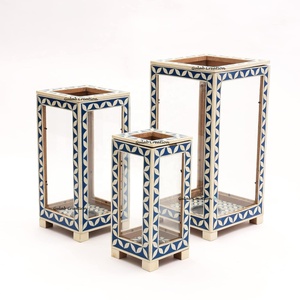 Handcrafted Blue and <b>White</b> Bone Inlay Decorative <b>Lanterns</b>, Ethnic Style Candle Holders for Home, Wedding, Festive Interior Decor - Product Image 1