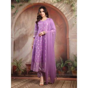 Conjunto Anarkali de Seda con Estampado de Lavanda para Mujer con Dupatta, Elegantes Conjuntos de Traje para Mujer - Product Image 1